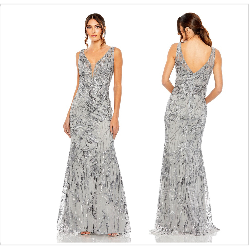 Mac Duggal 20484 Plunging Neckline Silver Beaded & Embroidered Dress, Sz 16